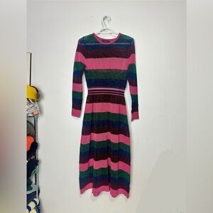 Zara Striped Long Sleeve Knit Dress in Pink, Green & Navy